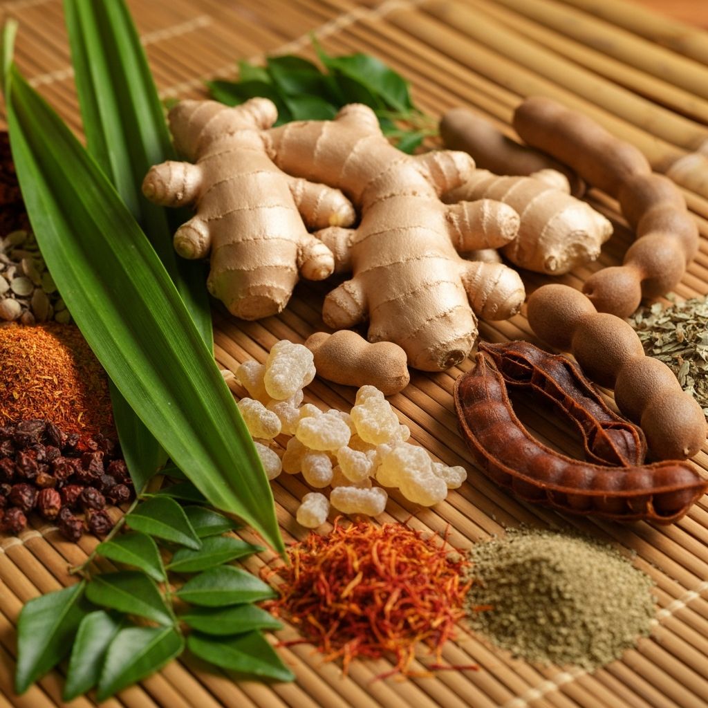 Fresh ginger roots and island herbs